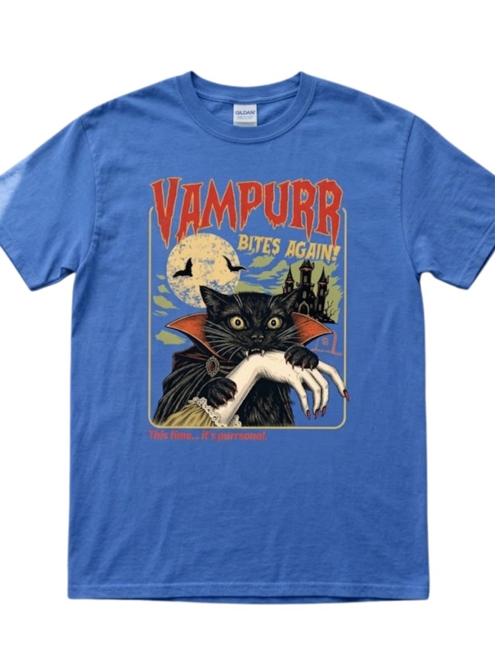 Gildan Royal Blue Vampurr Bites Again Cat Graphic Tee